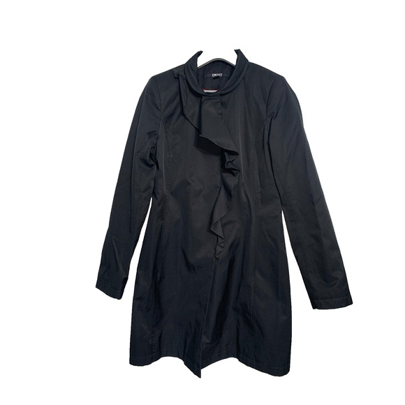 DKNY Black Trench Coat with‎ Snaps and Ruffle Front Size S red lining - Picture 1 of 9